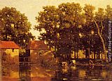 A Sunlit River Landscape With Cows Watering by Willem Roelofs